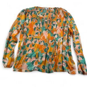 DR2 Women’s Pastel Orange & Green Floral Blouse Long Sleeve Size XL